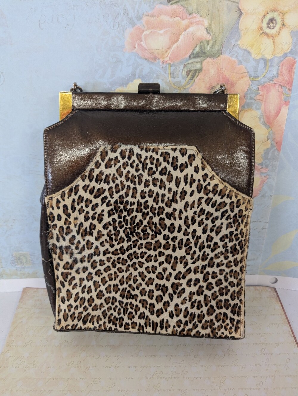 Vintage Bag Animal Print Front Pocket Leather Chain Handled 1950